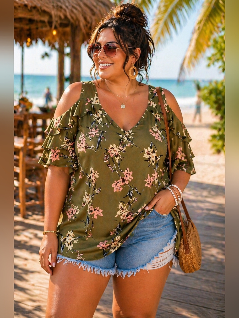 George Plus Size Olive Floral Cold Shoulder Top | Flowy Ruffle | 1X